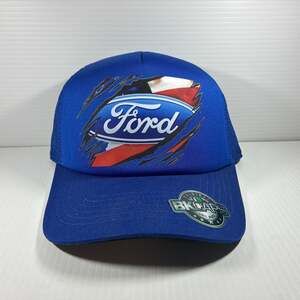 Ford Logo Blue Mesh Snapback Trucker Hat with Torn Metal Flag Graphic